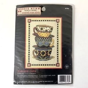 Vintage 1998 Debbie Mumm Counted Cross Stitch Sealed Kit Stacked Coffee Tea Cups